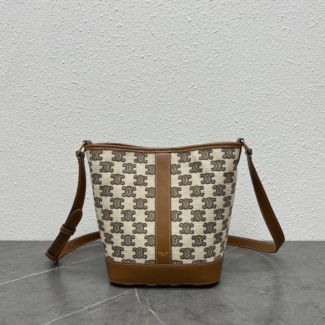 Celine Small Bucket Shoulder Bag In Triomphe Canvas And Calfskin Brown/Tan 191442